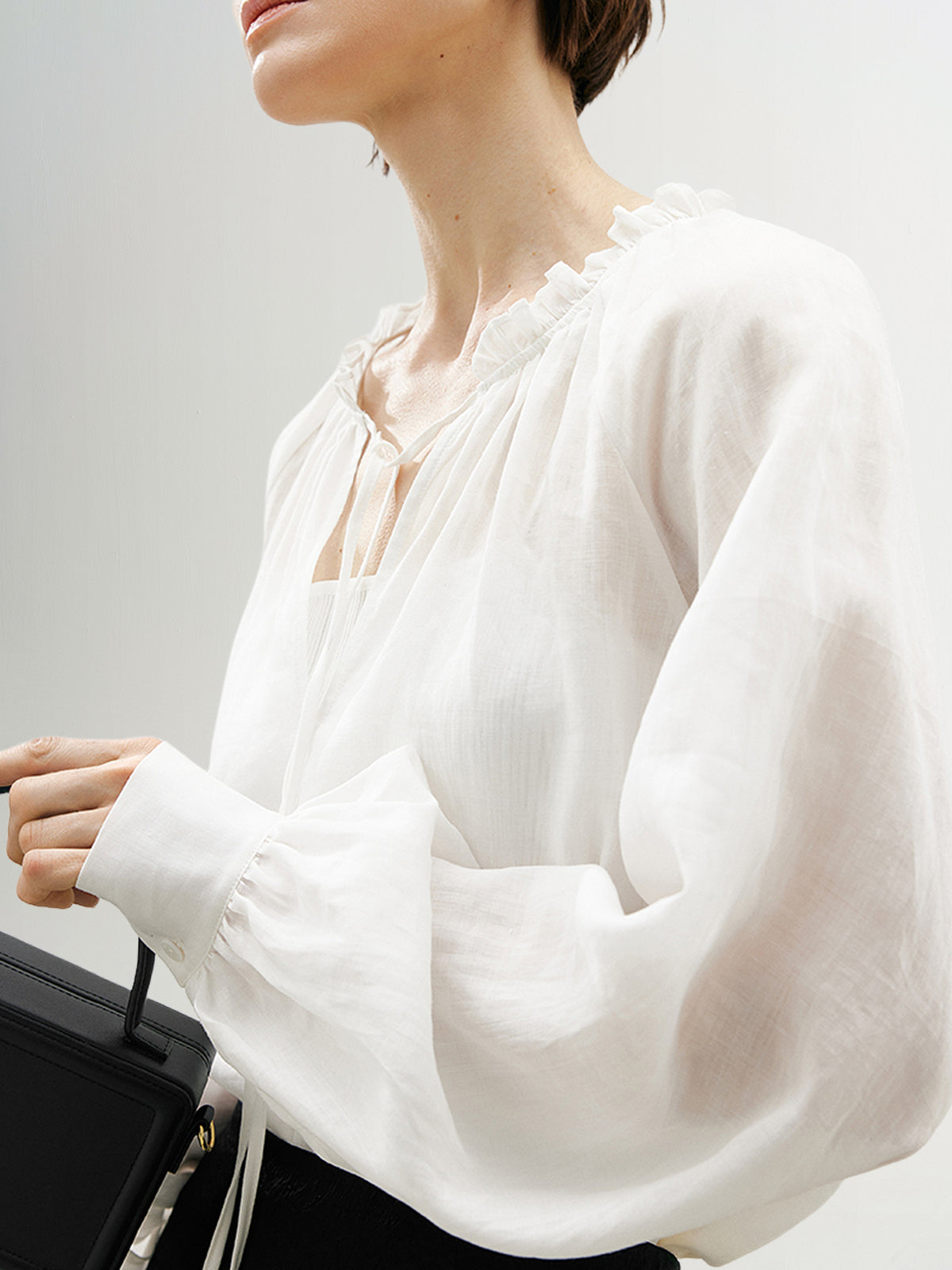 Tie Neck Natural Ramie Blouse Shirt