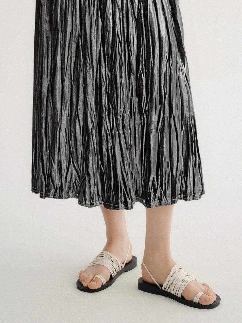 Asymmetrical Pleated Velvet Maxi Dress