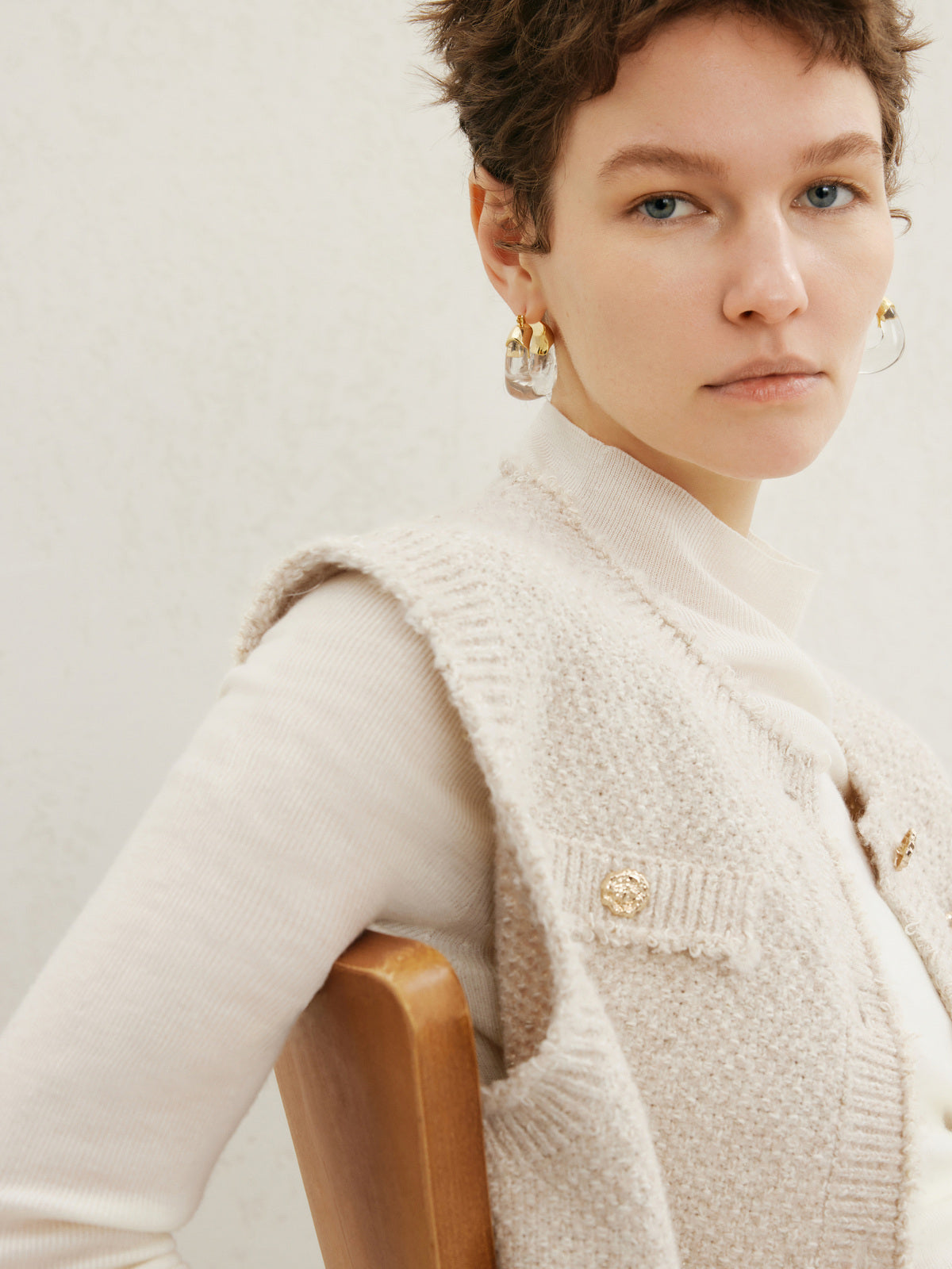 ［美品］エムドット Ribbon Yarn Tweed Gilet ホワイト Women's White Teddy Fleece Vest | H&M US