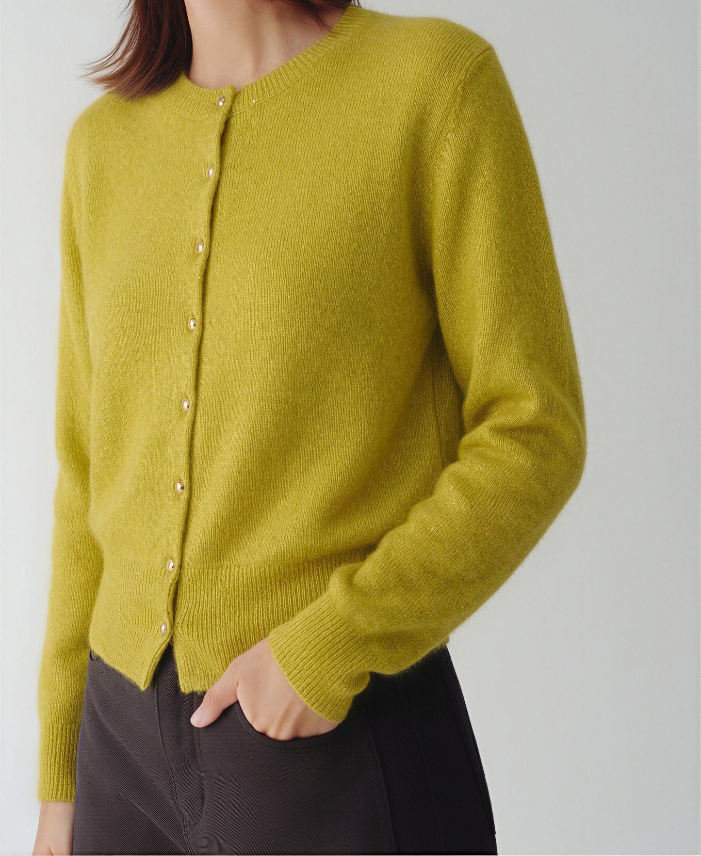 Cashmere-Silk Crewneck Knit Cardigan