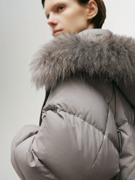 Women's Gray Warm Goose Puffer Hooded Jacket with Fur