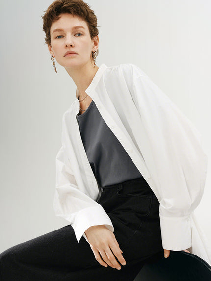 Stand Collar Cotton Long Shirt
