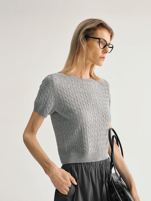 Load image 1 in gallery view. Round Neck Short Sleeves Rib Knitwear