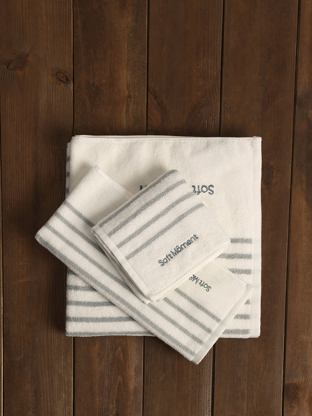 Cotton Gray & White Striped Towel and Bath Set