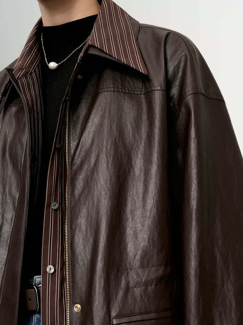Load image 1 in gallery view. Shirt-Collar Drawstring Leather Jacket