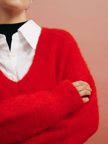 Meilleur Moment Women's Red V Neck Long Sleeves  Alpaca Wool Sweater 5EC134641Q