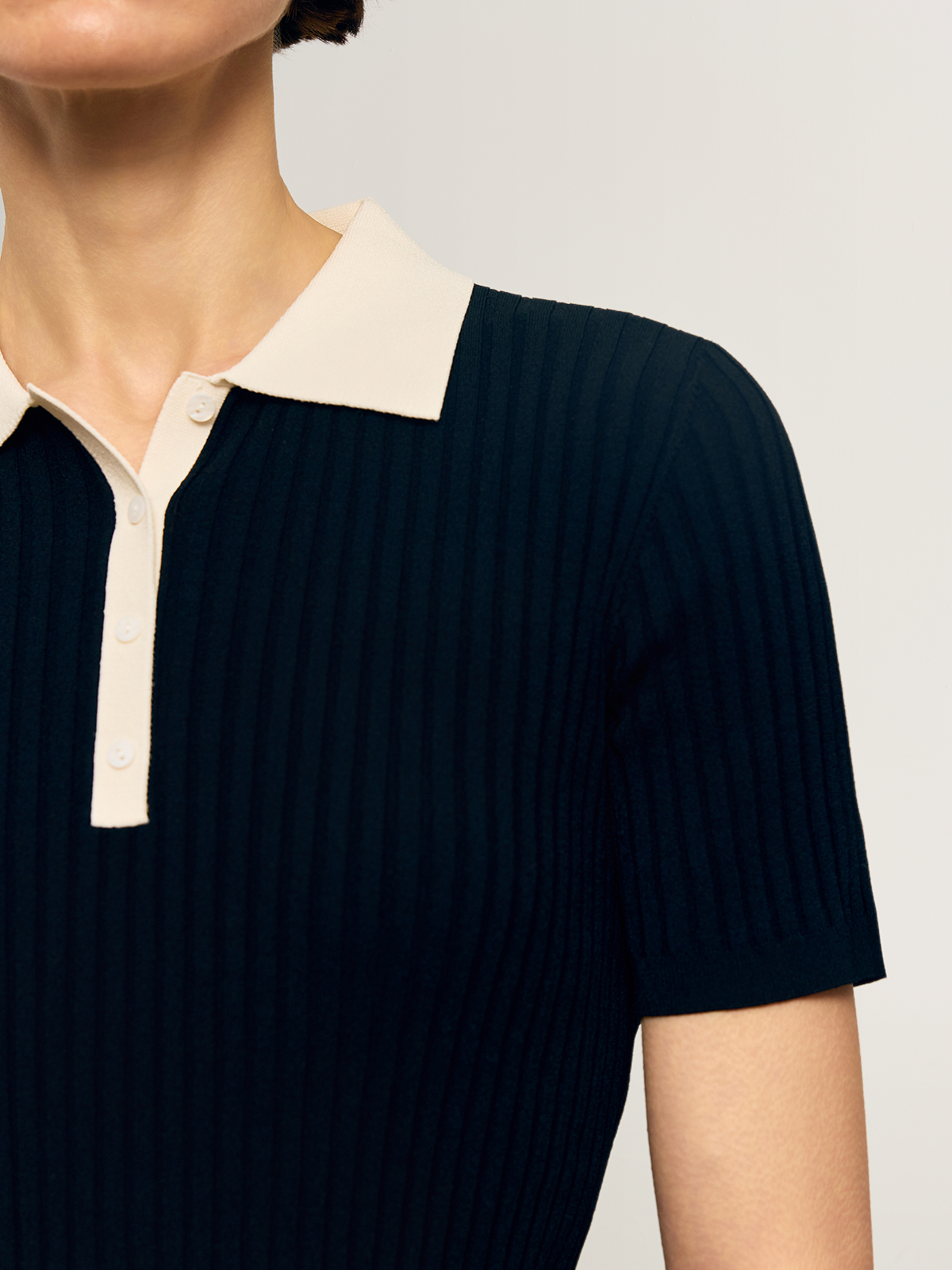 V-Neck Structured Shoulder Short Sleeve Knit Top