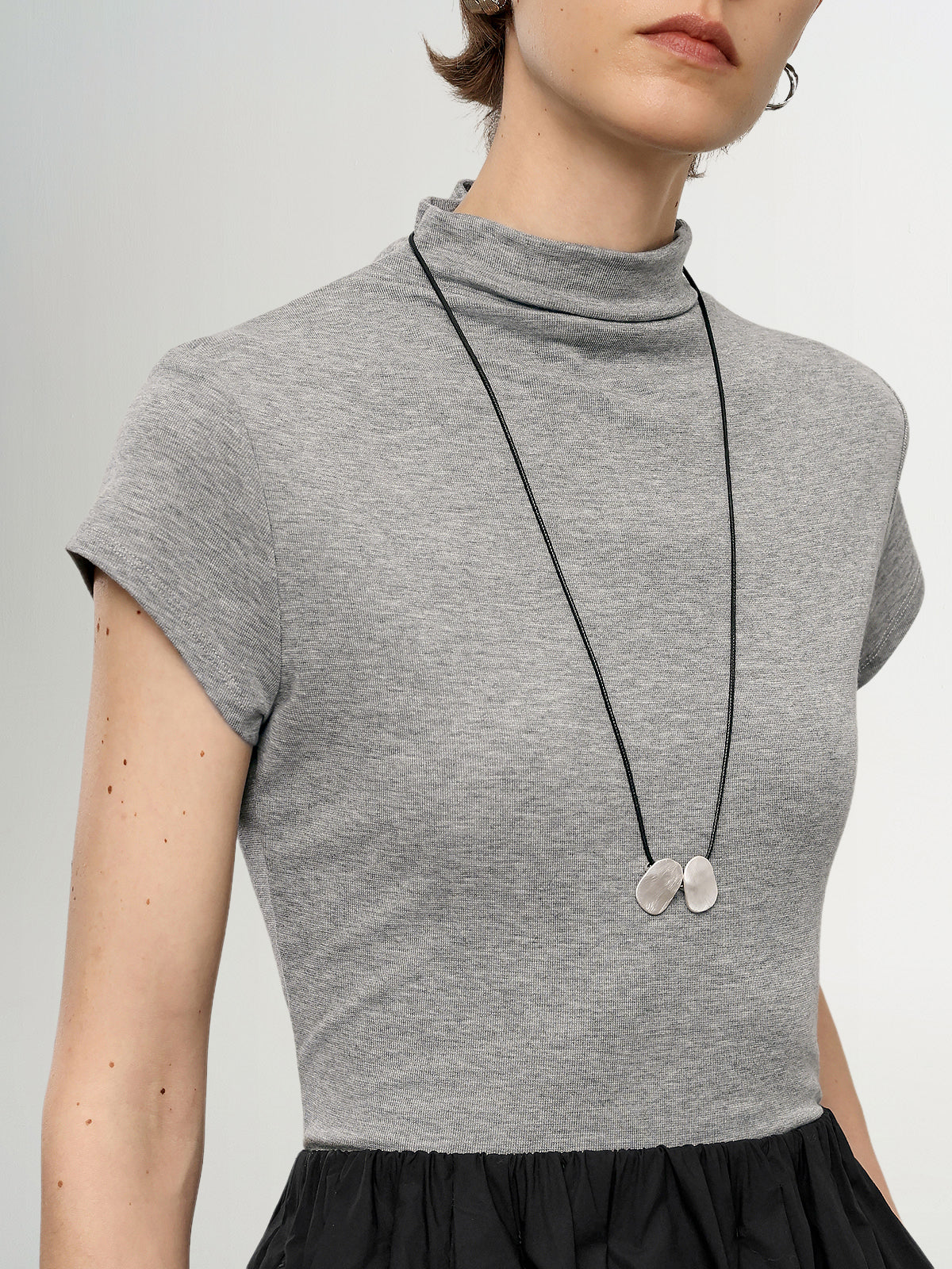 Lyocell Structured Shoulder Mock Neck Short Sleeve Top