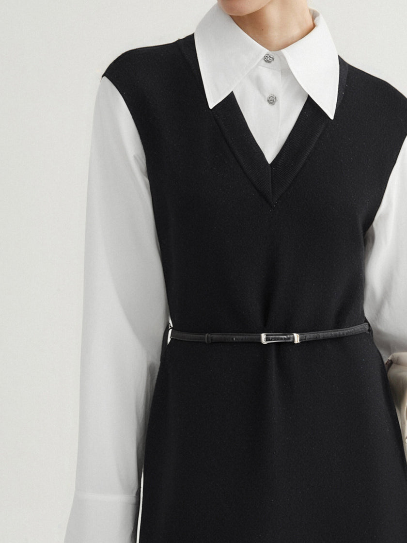 Wool Knit Vest Long Sleeve Shirt Dress