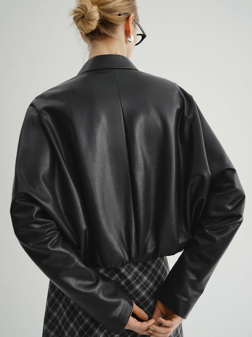 Load image 1 in gallery view. Cropped Leather Jacket with Stand Collar