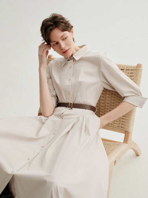 Load image 1 in gallery view. Shirt-Collar Short-Sleeve Midi Dress with Belt