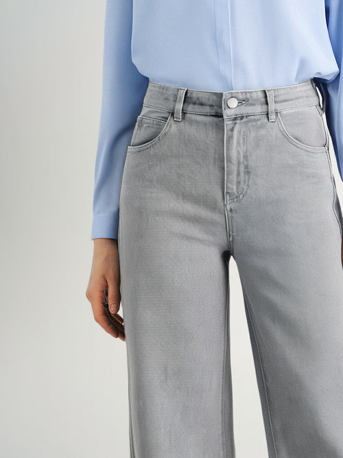 Load image 1 in gallery view. Gray Flared Cotton-Blend Jeans