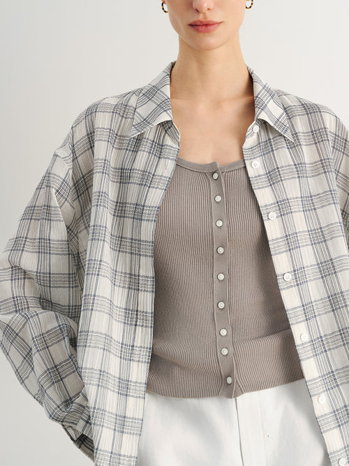 Load image 1 in gallery view. Relaxed-Fit Drop-Shoulder Long-Sleeve Plaid Lapel Shirt