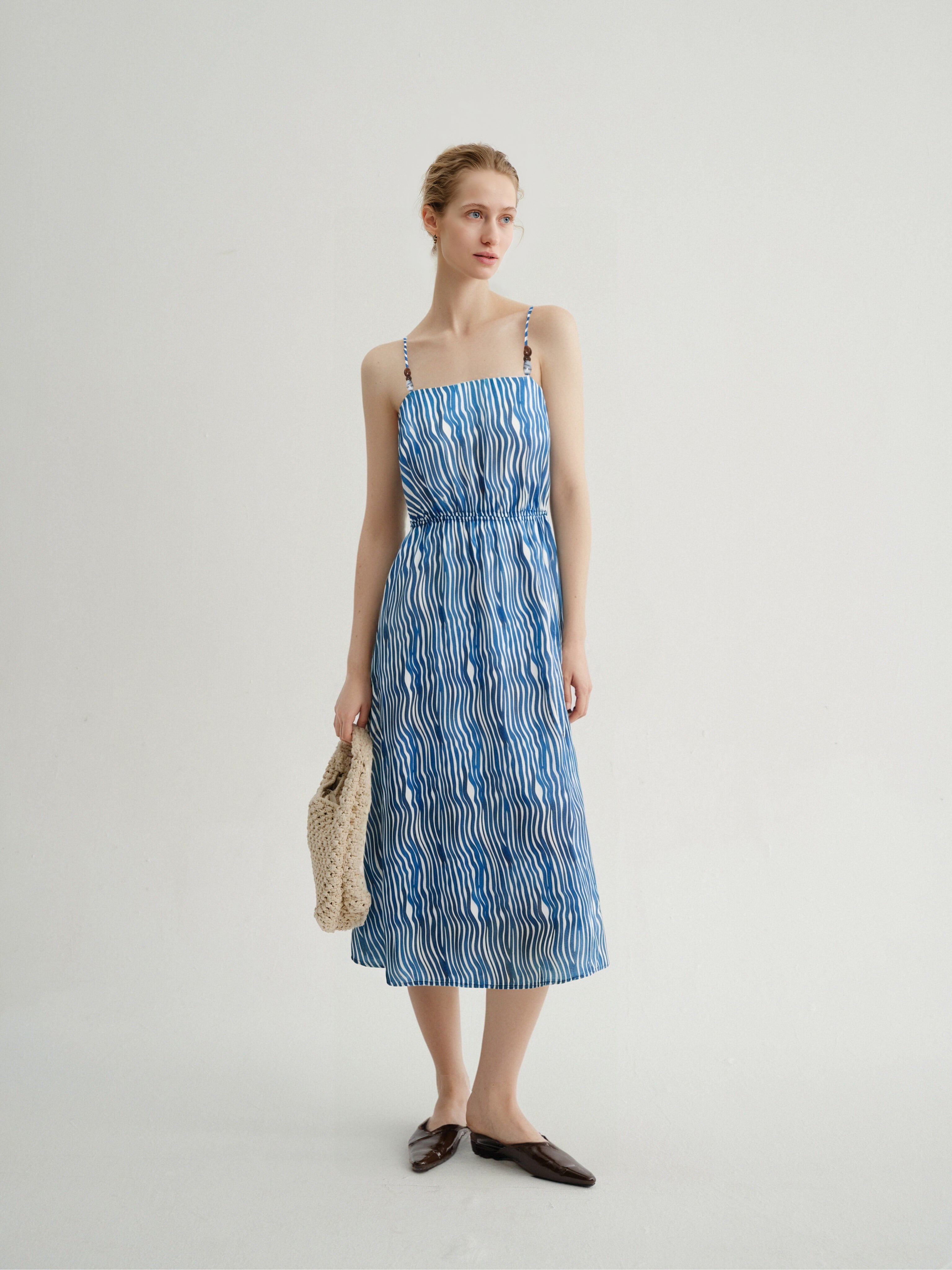 Cotton Stripe Spaghetti-Strap Midi Dress