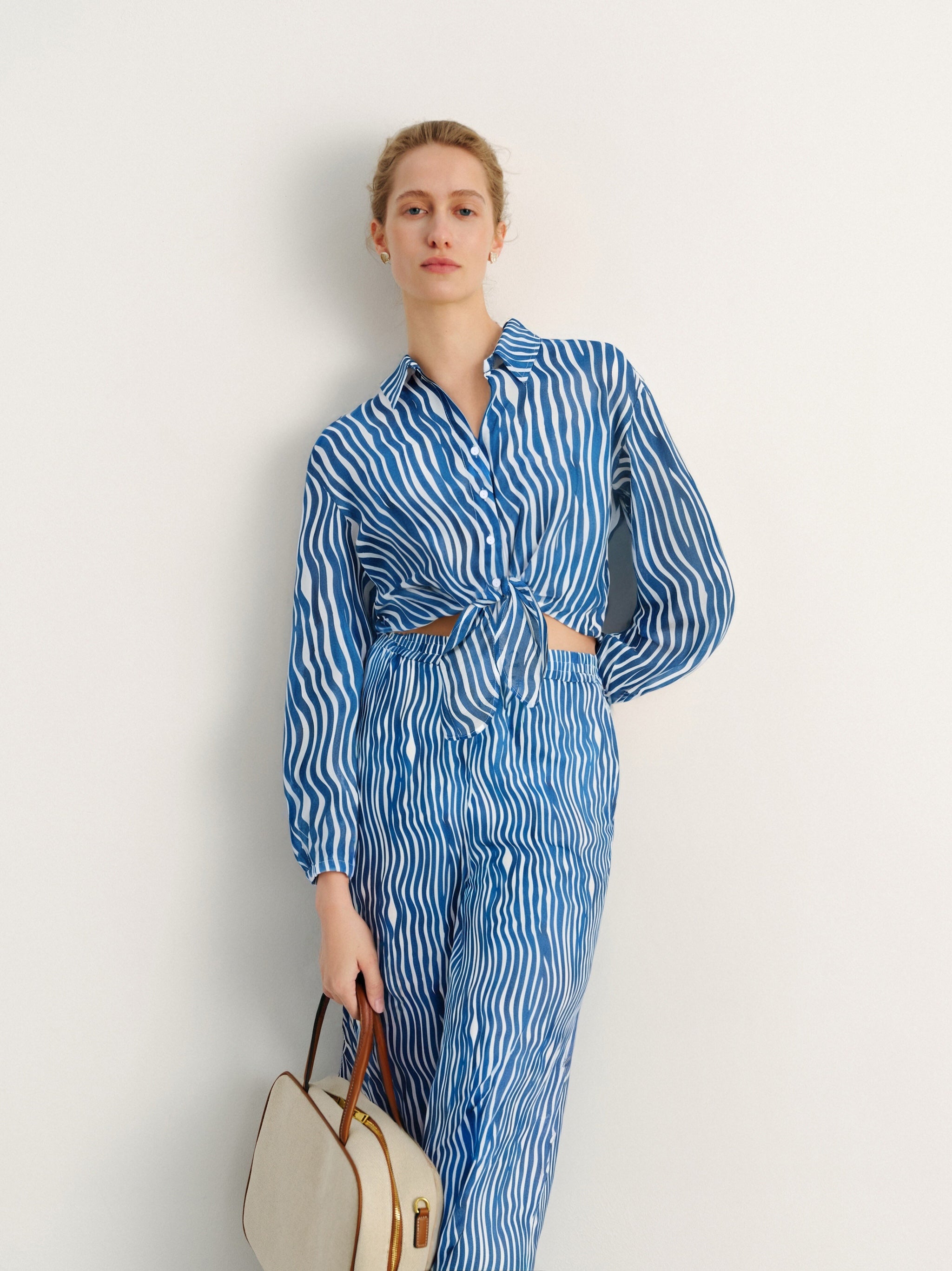 Cotton Front-Tie Cropped Stripe Blouse