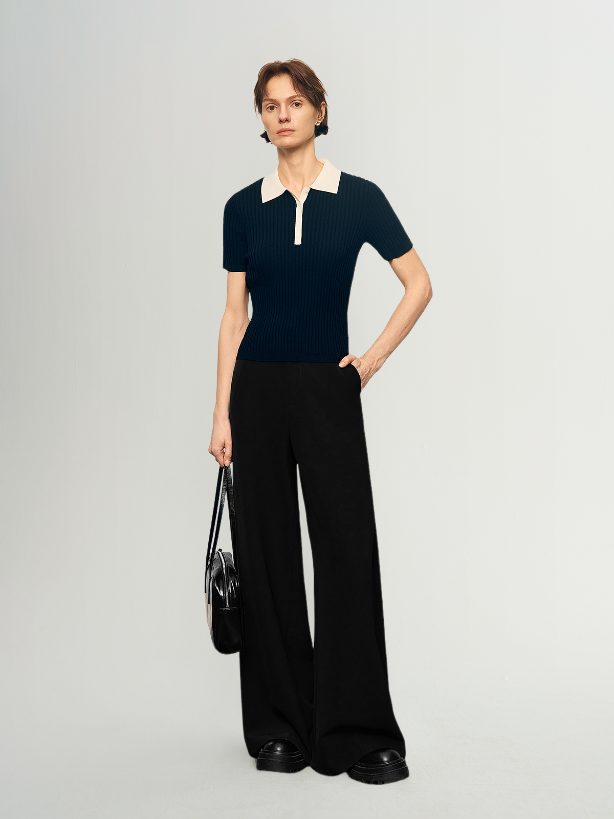 V-Neck Structured Shoulder Short Sleeve Knit Top
