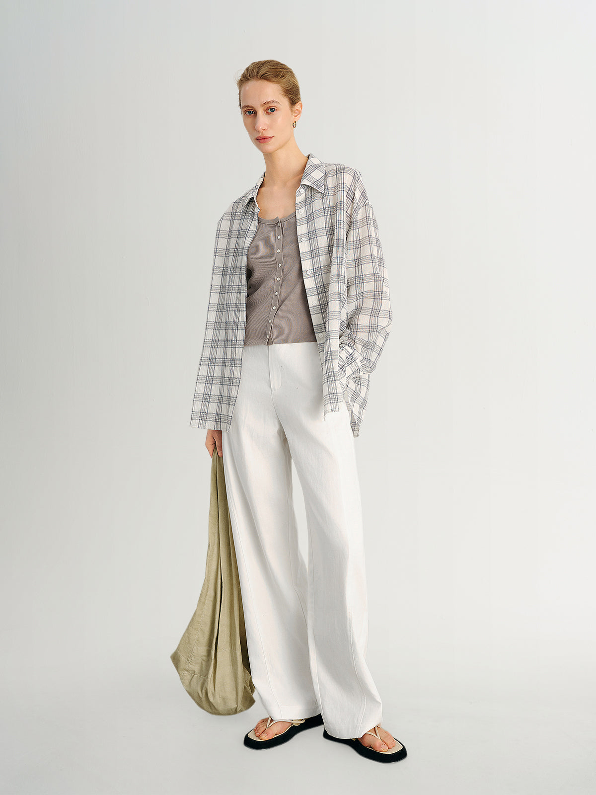 Relaxed-Fit Drop-Shoulder Long-Sleeve Plaid Lapel Shirt
