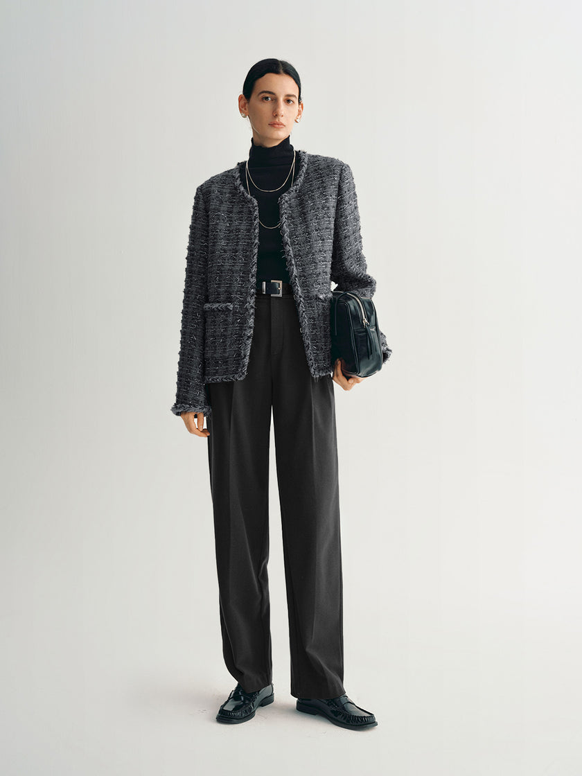 Wool Blend Trim Tweed Jacket