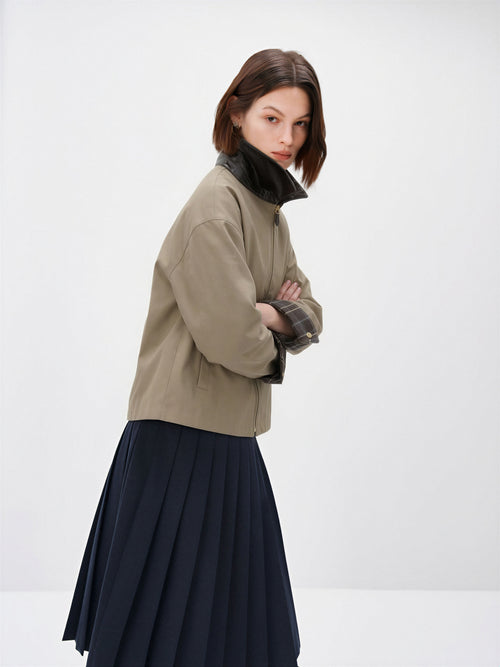 Load image 1 in gallery view. Contrast Leather Collar Zip Jacket