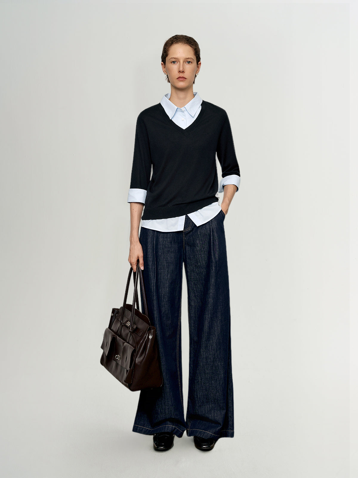 V-Neck Knit Sweater Shirt Two-in-One Design