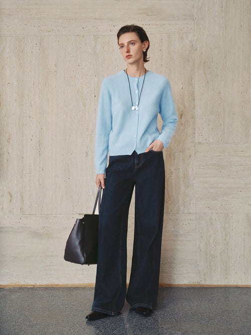 Load image 1 in gallery view. Fleece-Lined Wide-Leg Denim Jeans