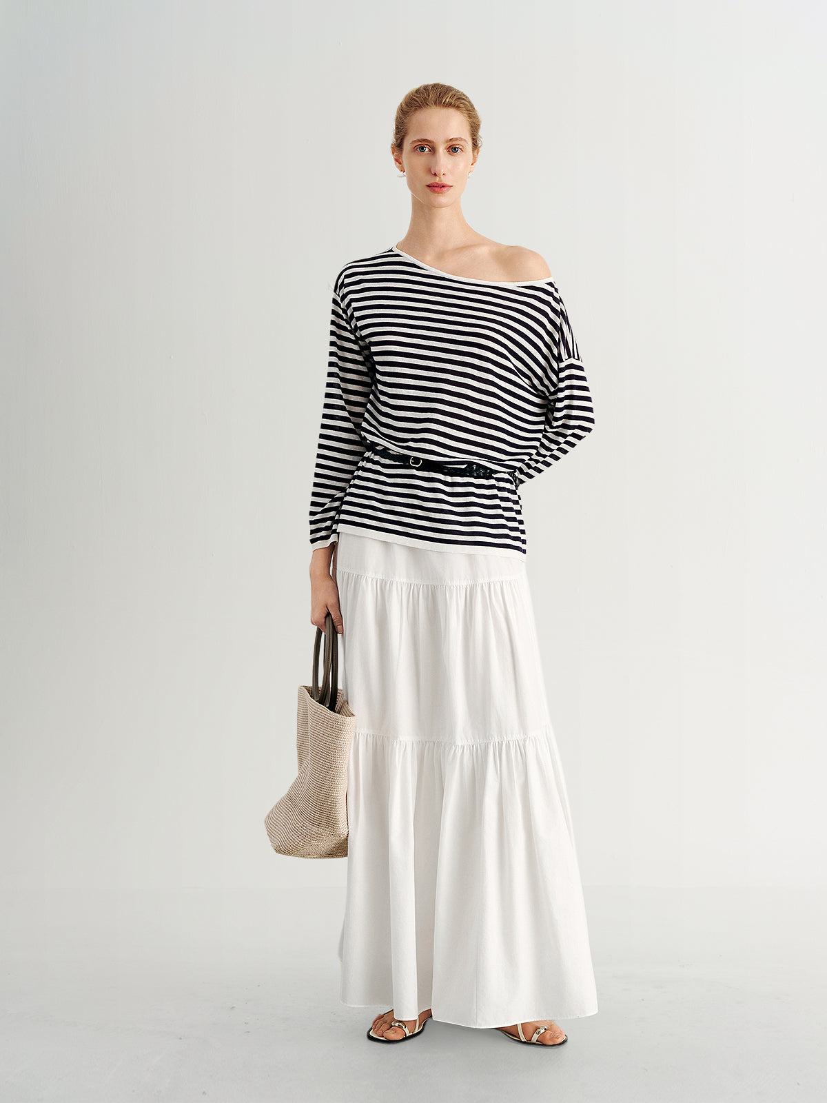 Striped Lyocell One-Shoulder Long-Sleeve Top