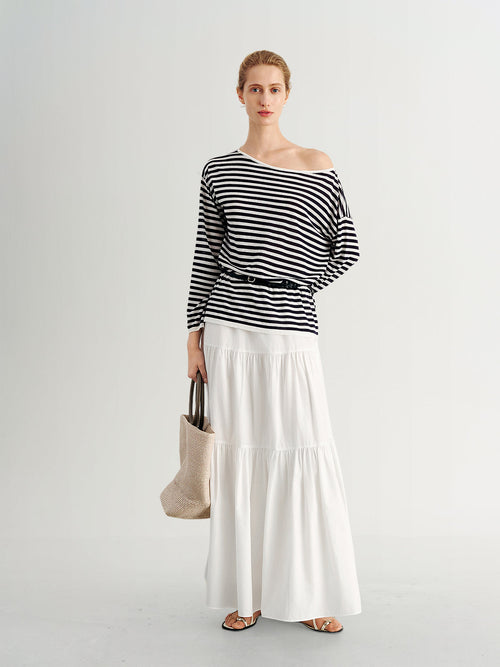 Load image 1 in gallery view. Striped Lyocell One-Shoulder Long-Sleeve Top