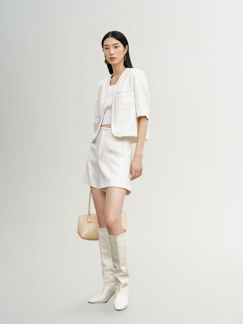 Lightweight Wool-Blend Plaid Shorts in Alabaster