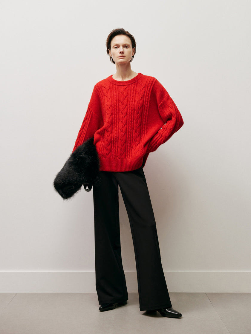 Meilleur Moment Women's Red Round Neck Rib Wool Sweater 5EC134111