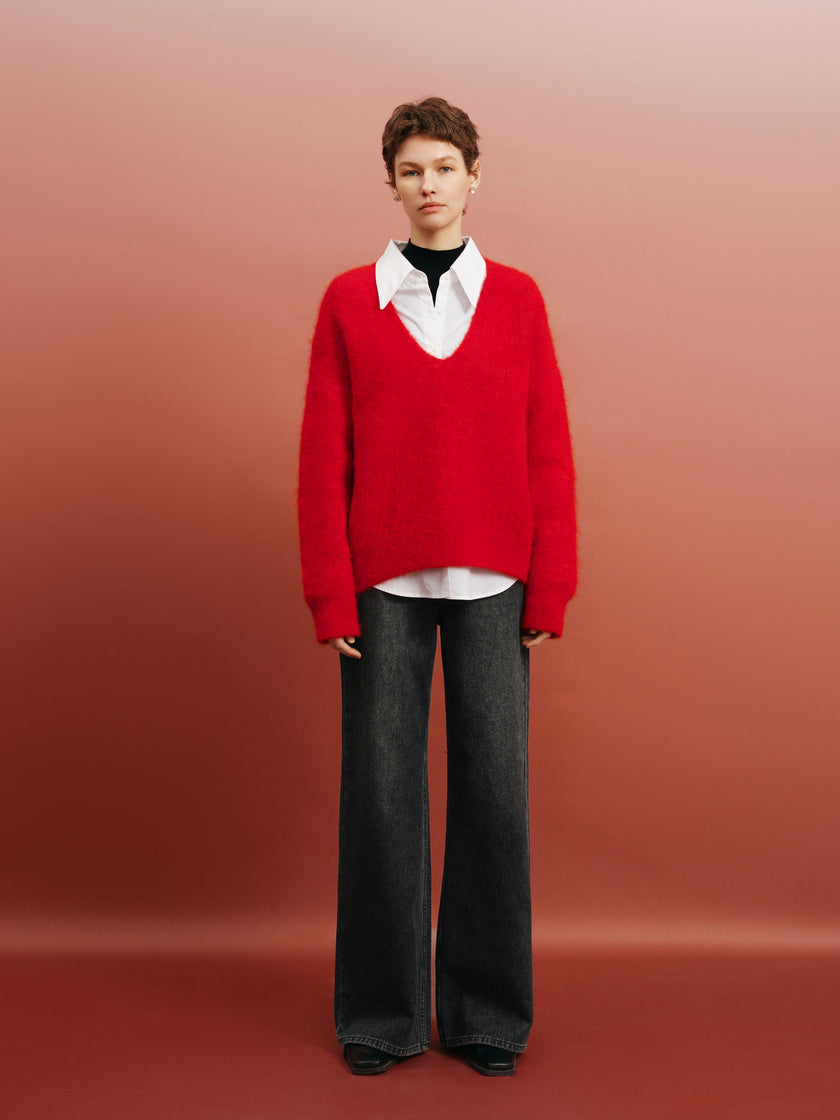 Meilleur Moment Women's Red V Neck Long Sleeves  Alpaca Wool Sweater 5EC134641Q