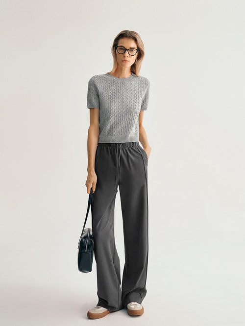 Load image 1 in gallery view. Round Neck Short Sleeves Rib Knitwear