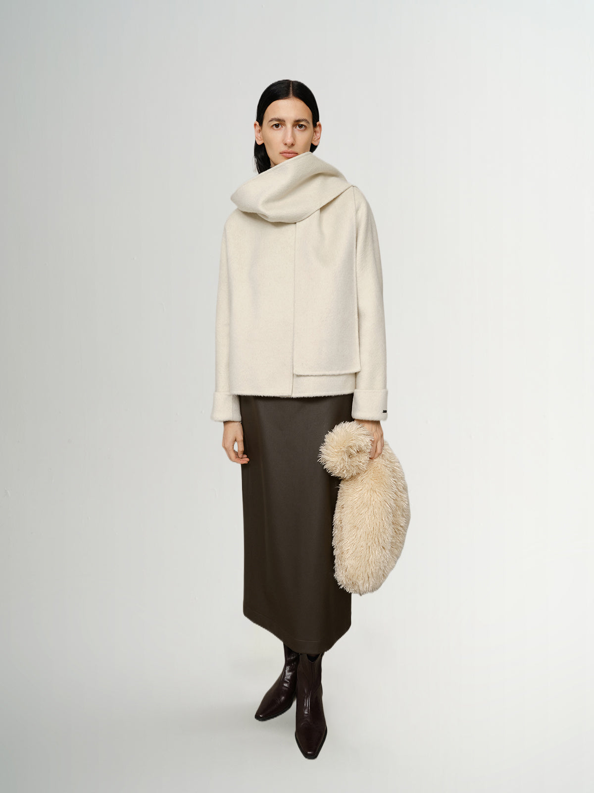 Camel Wool Cropped Coat with Scarf