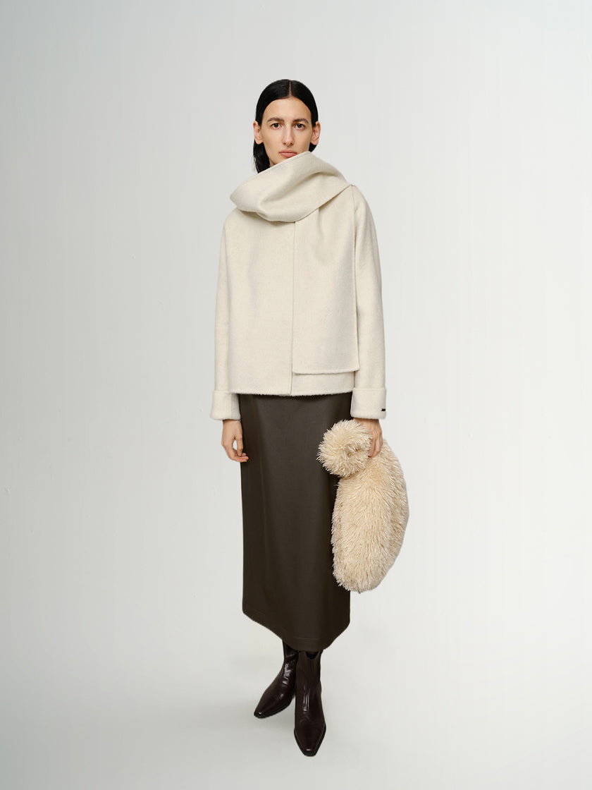 Camel Wool Cropped Coat with Scarf