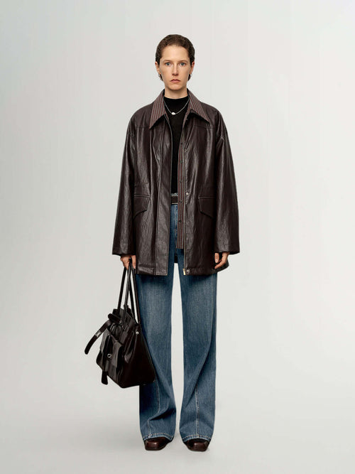 Load image 1 in gallery view. Shirt-Collar Drawstring Leather Jacket