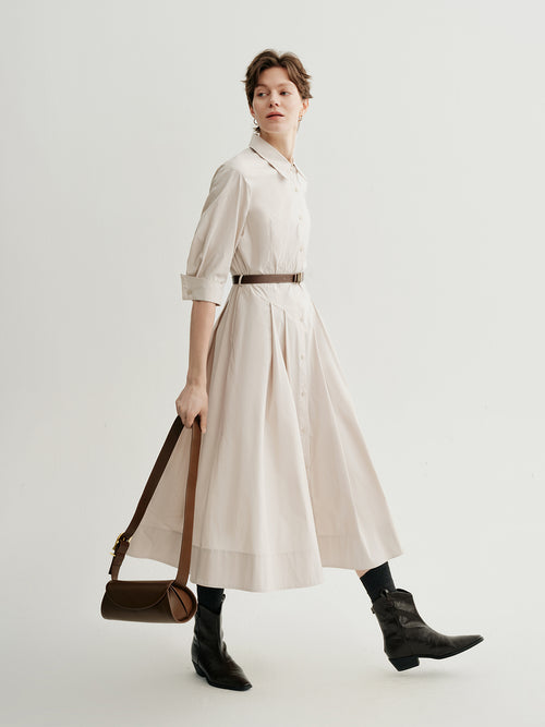 Load image 1 in gallery view. Shirt-Collar Short-Sleeve Midi Dress with Belt