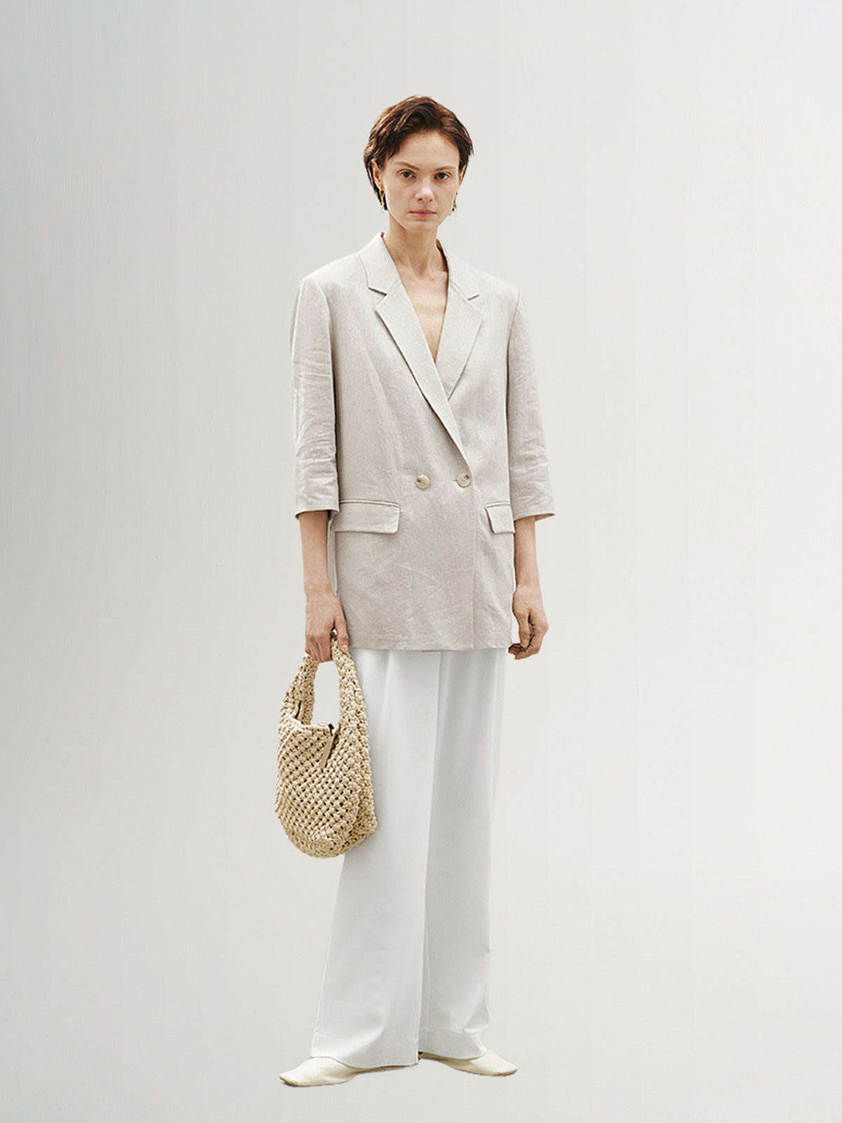 Linen Peak Lapel Half Sleeves Blazer