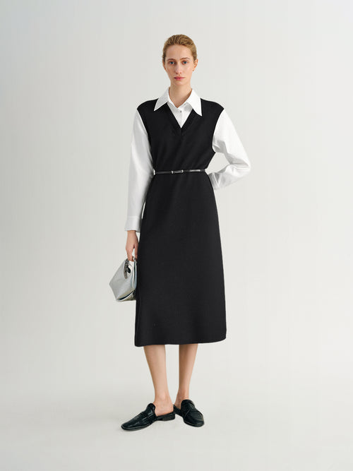 Load image 1 in gallery view. Wool Knit Vest Long Sleeve Shirt Dress