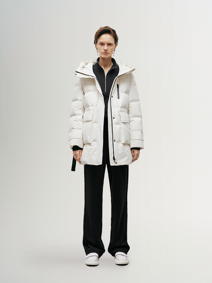 Women's White Waterproof Goose Mid-Length Puffer Jacket 5EB280881