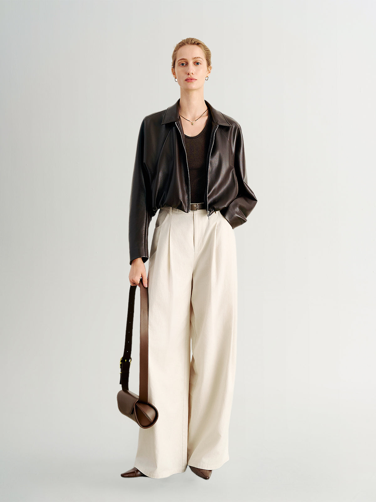 Cropped Leather Jacket with Stand Collar