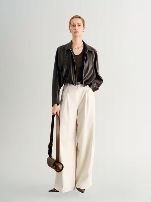 Load image 1 in gallery view. Cropped Leather Jacket with Stand Collar