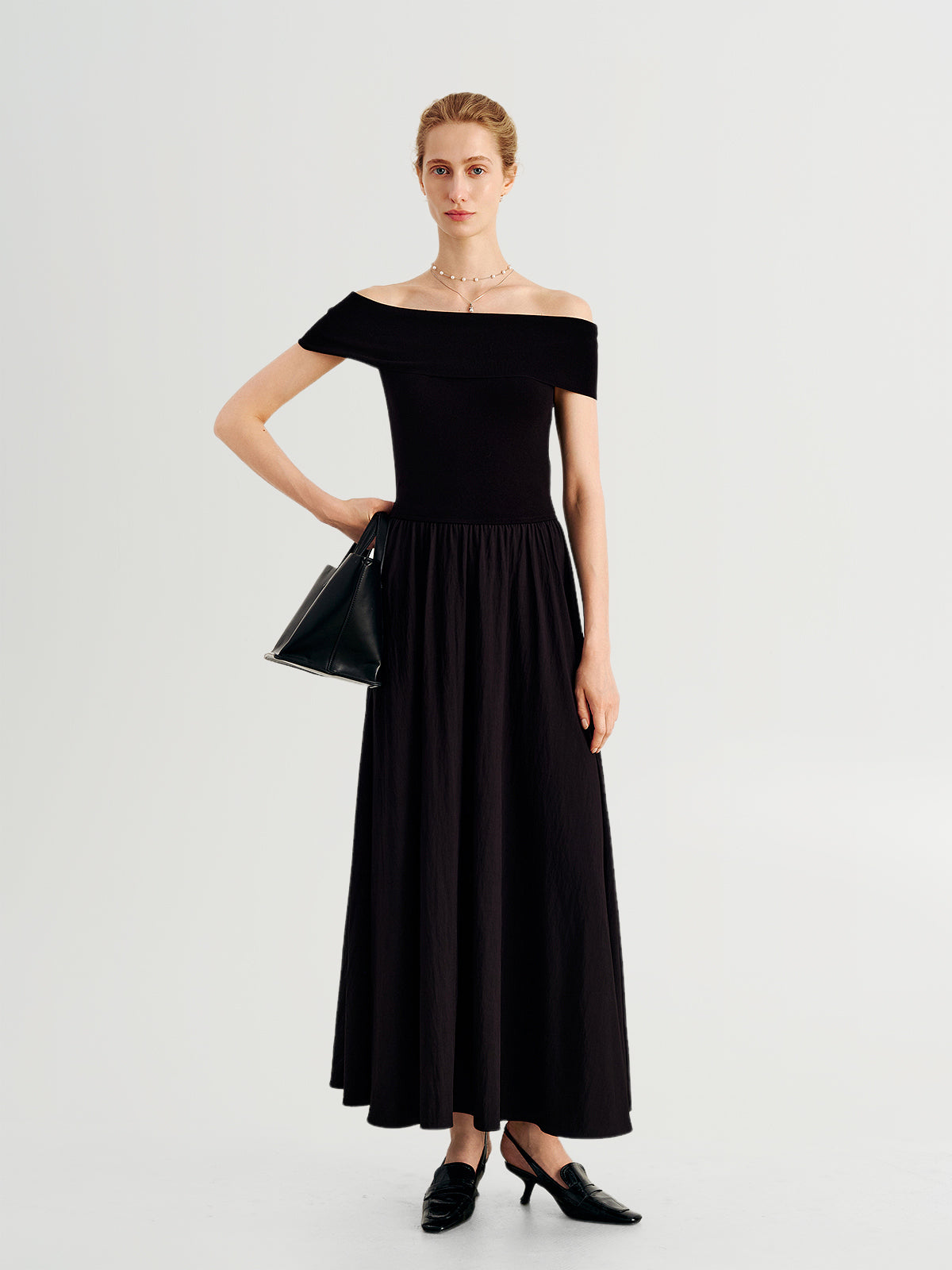 Off-Shoulder Waist-Defined Ankle-Length Dress