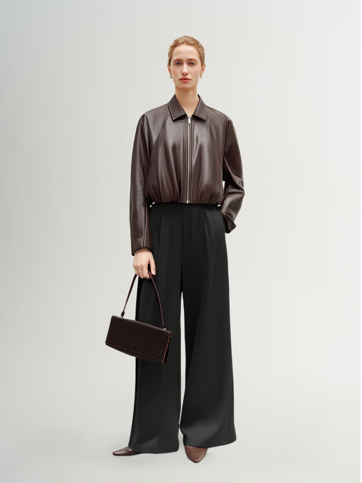 Cropped Leather Jacket with Stand Collar
