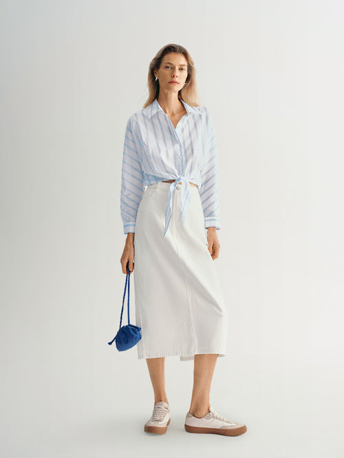 Load image 1 in gallery view. Striped Tie Cotton Blouse