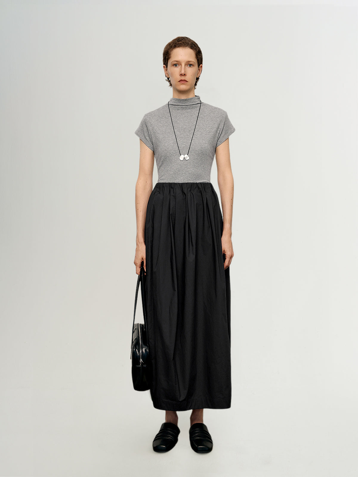Lyocell Structured Shoulder Mock Neck Short Sleeve Top