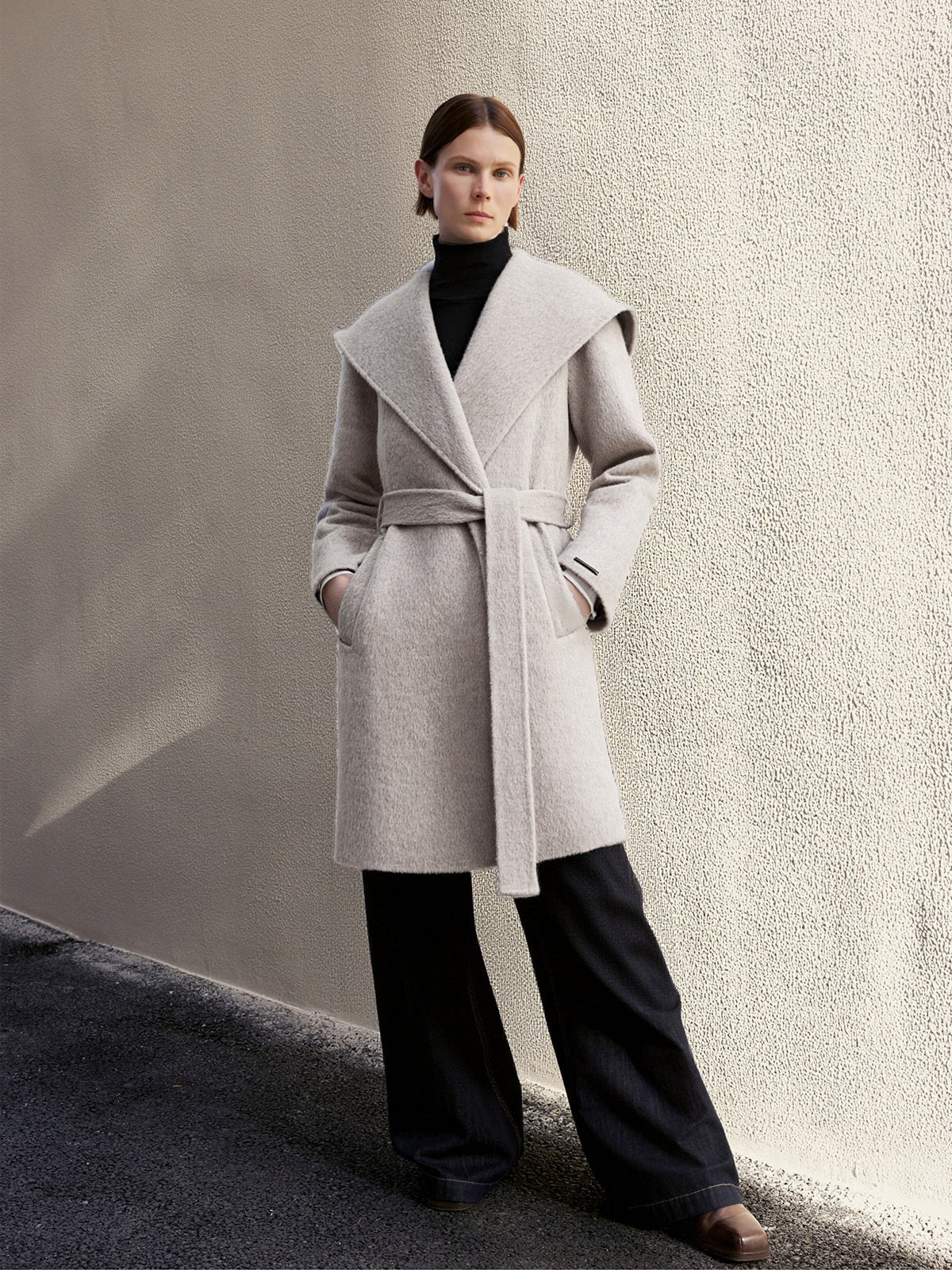 Gray Wool Hooded Tie-Belt Midi Coat