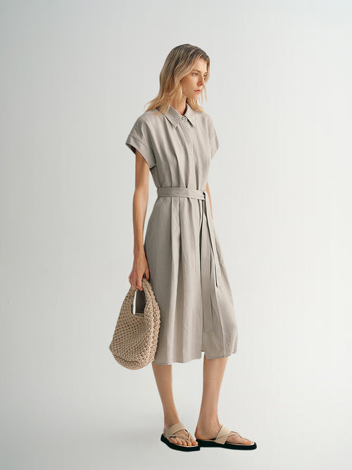 Load image 1 in gallery view. Short Sleeves Lyocell Tie Belt Dress