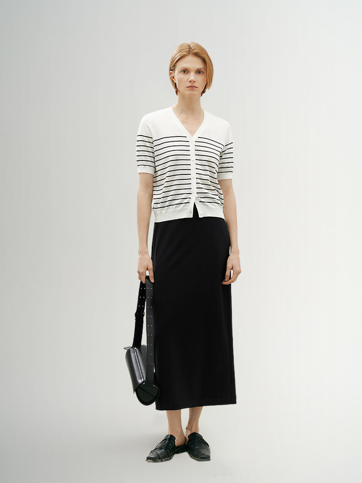 Stripe V Neck Lyocell Knit Cardigan