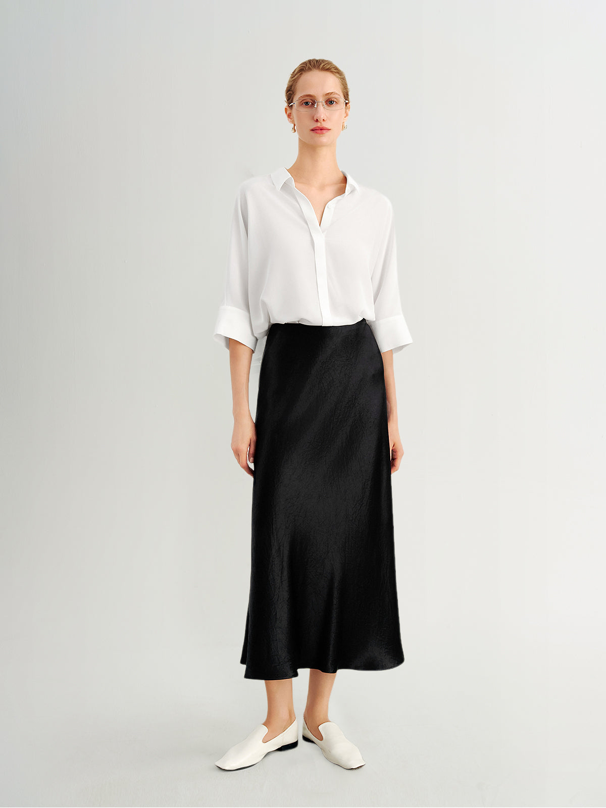 100% Mulberry Silk Relaxed-Fit Drop-Shoulder Lapel Three-Quarter Sleeve Shirt