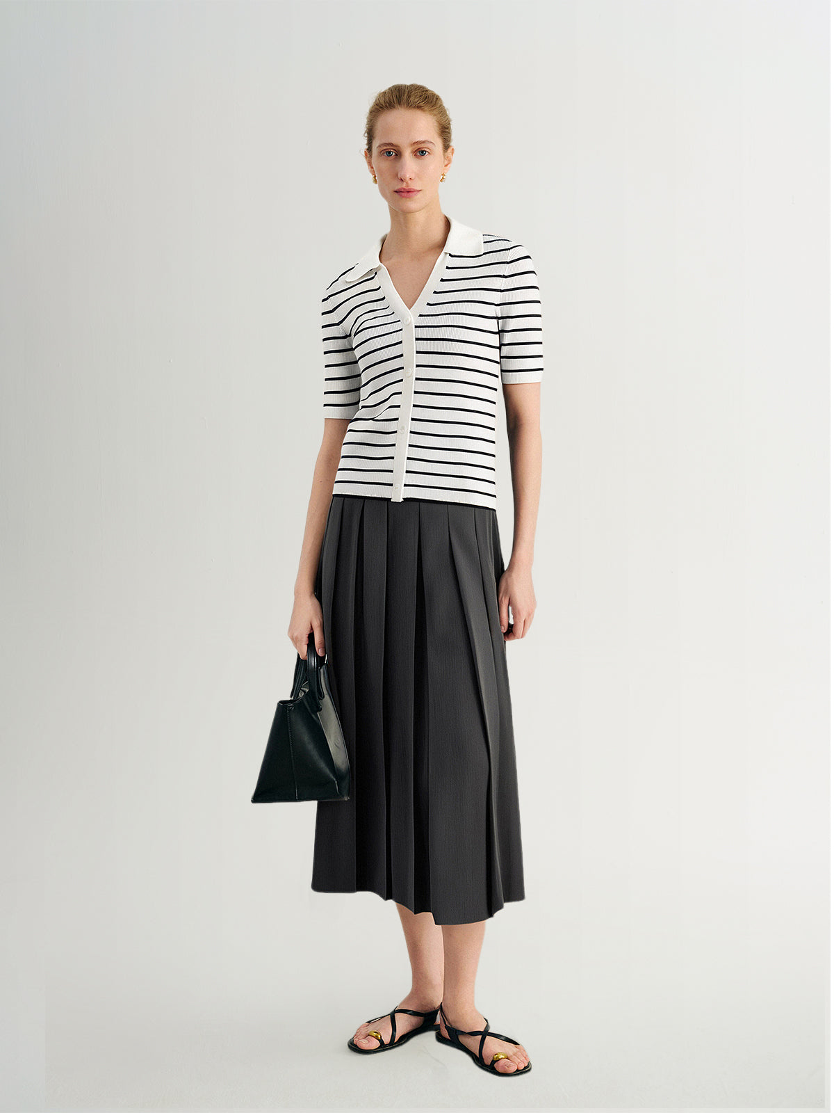 Striped Collared V?Neck Top