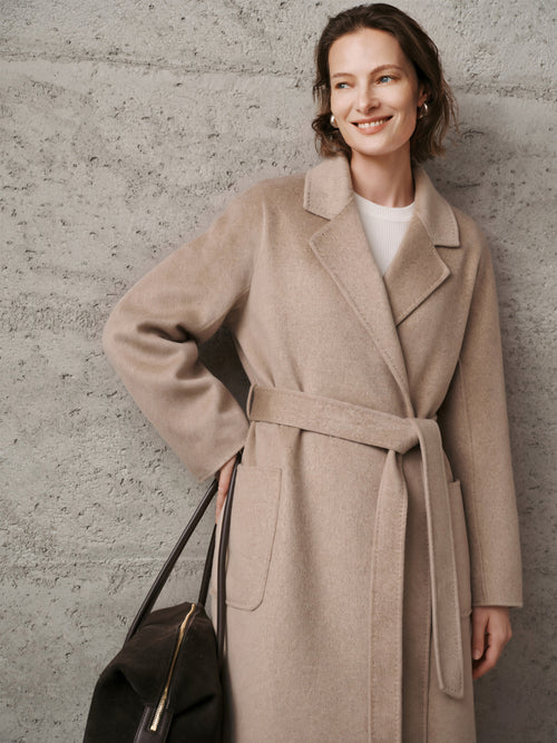 Load image 1 in gallery view. Brown Midi Cashmere Wrap Coat